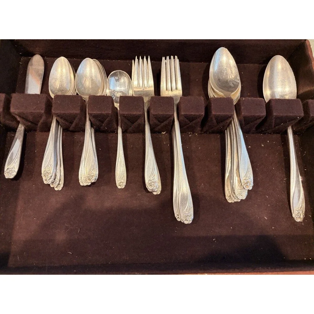42 Pc 1847 Rogers Brothers Daffodil Silver Plated Flatware Set & Naken Case